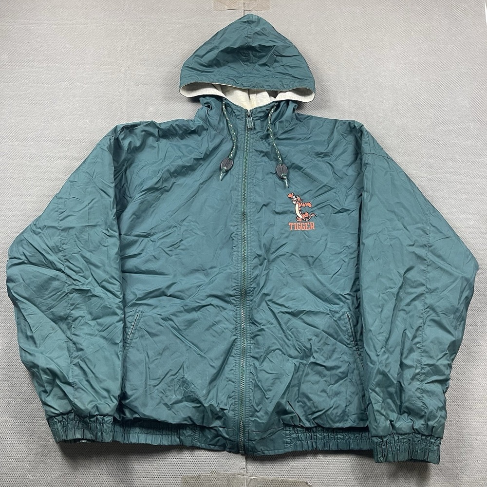 Vintage Disney Tigger Bomber Jacket XL Green Lined Full Zip Hooded 90s
